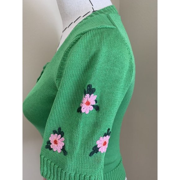Vintage 70s Right Bank Green Floral Embroidery Cotton Sweater Knit Dittos Italy - Picture 9 of 10